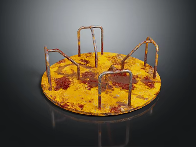 Rusty Metal Playground Spinning Platform With Yellow Rusted Surface And Metal Bars 3d model