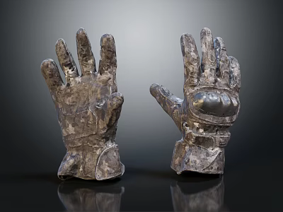 Two Artistic Metal Gloves Sculpture With Detailed Texture And Reflective Base 3d model