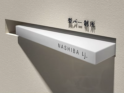 White Wall Mounted Signage Design With NASHIBA LJ And Liuliyichuangsuo Text 3d model