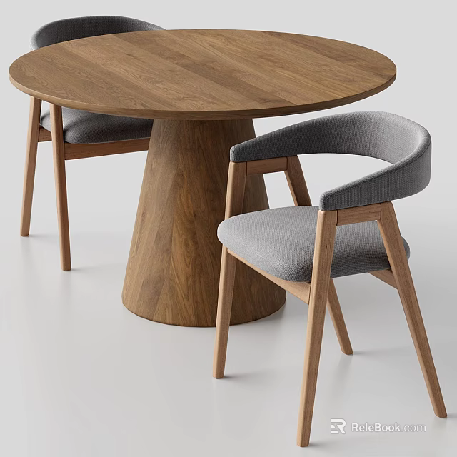 Modern Round Wooden Dining Table Set With Gray Fabric Chairs And Conical Leg 3d model 