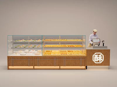 Bakery Glass Display Case Shelves With Pastries Breads And Wooden Base 3d model