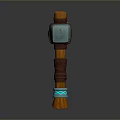 Handcrafted Hammer Sculpture With Blue Stone Head Cross Leather Straps Wooden Handle And Glowing Runes