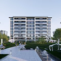 Mid Rise Apartment Building With Landscaped Garden Water Features Sculptures And Pedestrian Paths