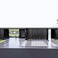 Modern Entrance Gate With Black Marble Walls Water Features And Tree In Paved Area