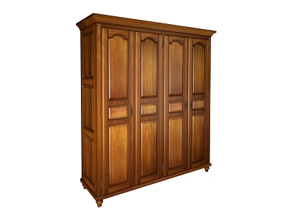 Classic Wooden Wardrobe With Four Paneled Doors Brown Finish Traditional Design 3d model