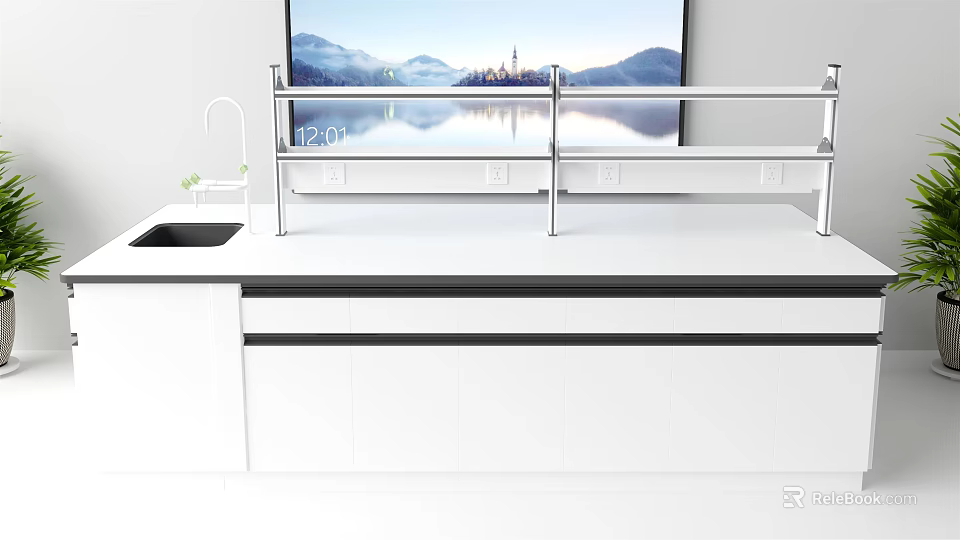 Modern Functional Desk with White Surface Metal Shelf Sink and Scenic TV Background 3d model 