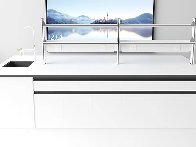 Modern Functional Desk with White Surface Metal Shelf Sink and Scenic TV Background 3d model