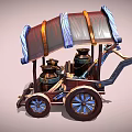 Mythical Style Wooden Mobile Cart With Blue Decorations Ornate Roof And Metal Canisters