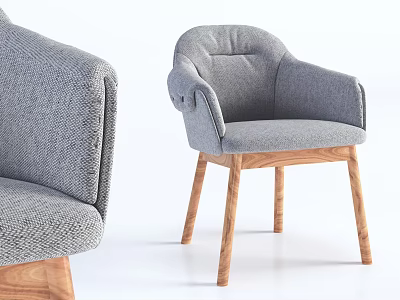 Modern Gray Upholstered Dining Chair With Wooden Legs And Comfortable Armrests 3d model