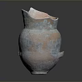 Ancient Pottery Jar Sculpture Carving With Red Brown And Blue Decorative Patterns And Side Handle