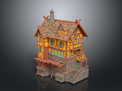 Fairy Tale Cottage With Yellow Walls Wooden Frames Arched Windows Chimney Balcony And Stone Stairs 3d model