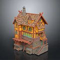 Fairy Tale Cottage With Yellow Walls Wooden Frames Arched Windows Chimney Balcony And Stone Stairs