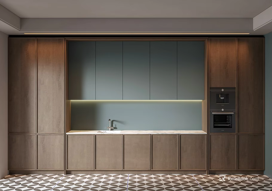 Modern Kitchen Interior With Wooden Cabinets Gray Countertop And Geometric Floor Tiles 3d model 