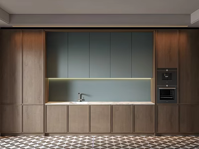 Modern Kitchen Interior With Wooden Cabinets Gray Countertop And Geometric Floor Tiles 3d model