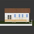 Cartoon House Scene With Red Roof White Walls Blue Shutters Yellow Balcony And Green Lawn