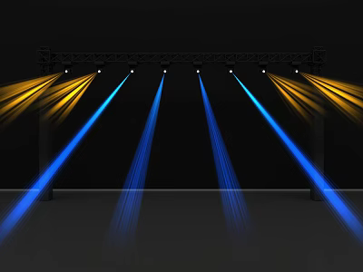 Bright Decorative Stage Lights with Yellow and Blue Beams on Truss in Dark Background 3d model