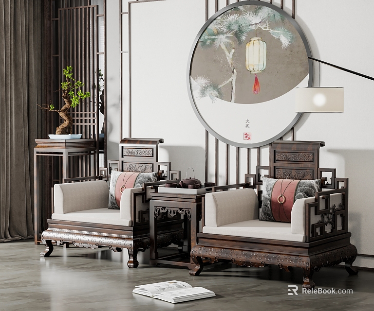 Leisure Sofa Set In Chinese Style With Wooden Frame Cushions Side Table And Round Painting 3d model 
