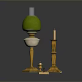 Green Lampshade Table Lamp With Golden Candlesticks Candles And Shiny Decorative Ornaments On Black Background