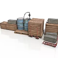 Industrial Equipment Storage Setup With Metal Drums Wooden Pallets And Carts