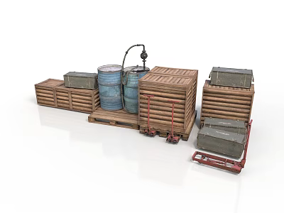 Industrial Equipment Storage Setup With Metal Drums Wooden Pallets And Carts 3d model