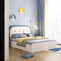Kids Bed Blue White Upholstered Headboard Star Decor Round Cartoon Art Blue Bedroom City View
