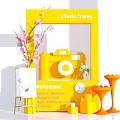 Commercial Outdoor Setup With Yellow Photo Frame Pink Flower Branches Yellow Camera And Welcome Sign