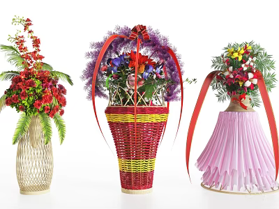 Colorful Flower Bouquets in Woven and Paper Vases with Decorative Ribbons and Patterns 3d model