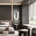 Modern Dark Bedroom Interior With Large Bed Nightstand Pendant Lights Rug Plant And Chair