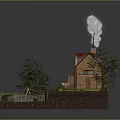 Rustic Cottage With Red Roof Smoking Chimney Surrounded By Trees And Wooden Fence