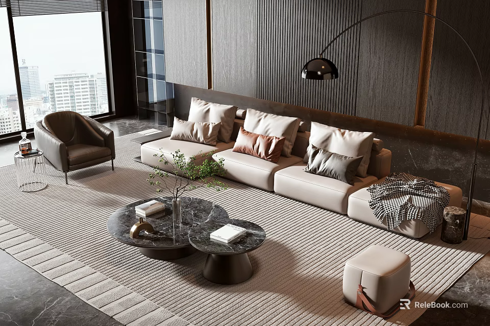 Modern Beige Sofa and Coffee Table Set With Multiple Cushions Area Rug and City View 3d model 