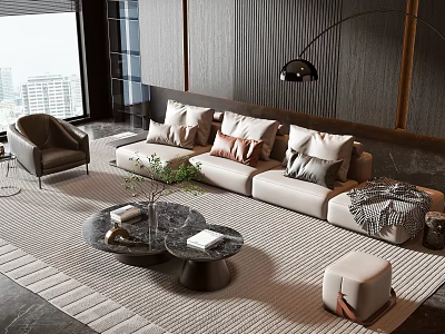 Modern Beige Sofa and Coffee Table Set With Multiple Cushions Area Rug and City View 3d model