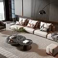Modern Beige Sofa and Coffee Table Set With Multiple Cushions Area Rug and City View