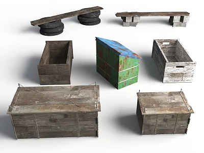 Rustic Wooden Crates And Boxes With Vintage Tires And Benches 3d model