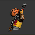 Action Figure With Orange Flame Helmet Smiling Face Yellow Red Vest And Guns