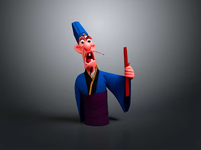 Cartoon Man Wearing Blue Hat With Exaggerated Open Mouth Holding Red Stick And Blue Purple Outfit 3d model