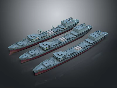 Three Ship Models Side by Side with Gray Hulls Red Bottoms and Deck Structures 3d model
