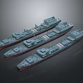 Three Ship Models Side by Side with Gray Hulls Red Bottoms and Deck Structures 3d model
