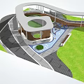 Modern Curved Pergola Design With Green Lawn Walkway And Water Feature