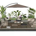 Comfortable Outdoor Sofa In Modern Lounge Area With Umbrella Coffee Table And Green Plants