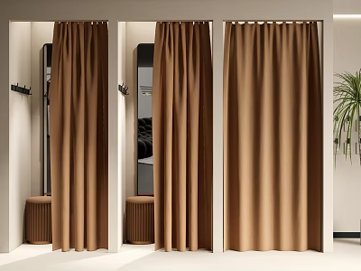 Modern Changing Room Interior With Brown Curtains Mirrors Stools And Green Plant 3d model