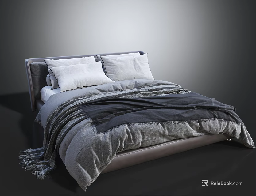 Modern Double Bed With Gray Upholstered Headboard White Pillows And Layered Bedding 3d model 
