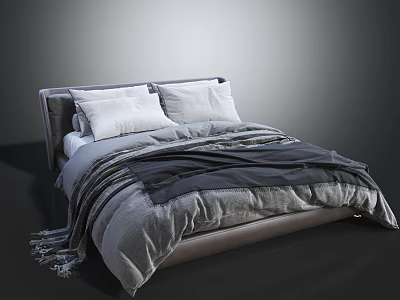 Modern Double Bed With Gray Upholstered Headboard White Pillows And Layered Bedding 3d model