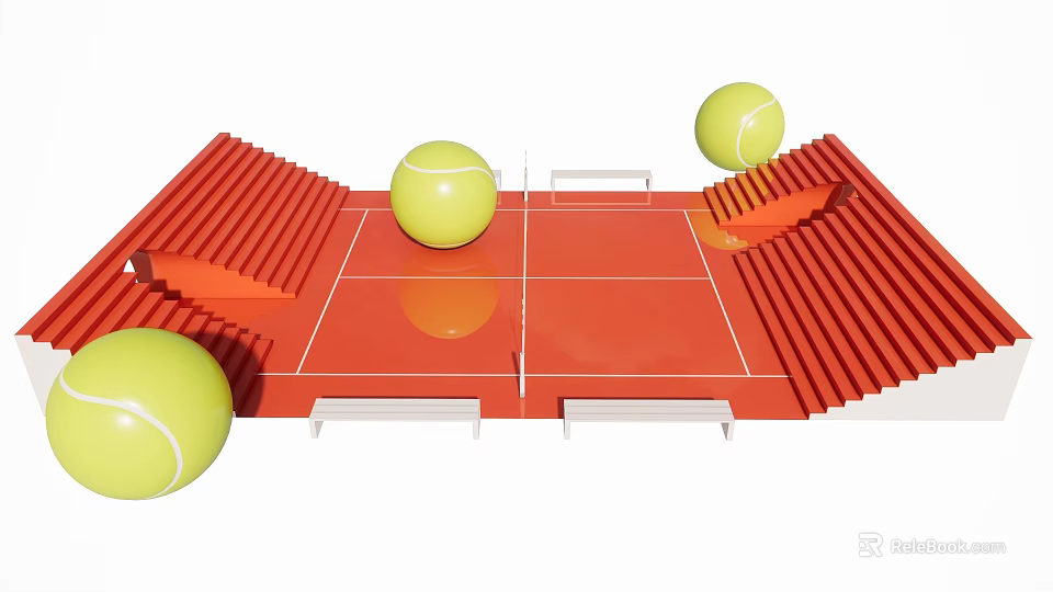 Vibrant Orange Tennis Court with Yellow Balls Red Stands Instagrammable Photo Spot 3d model 