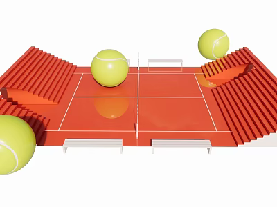 Vibrant Orange Tennis Court with Yellow Balls Red Stands Instagrammable Photo Spot 3d model