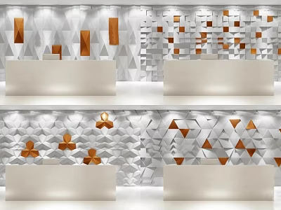 Modern Reception Desk With Geometric Wall Patterns And White Interior Design 3d model
