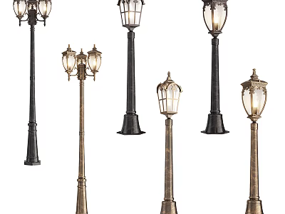 Outdoor Lamps With Various Vintage Designs And Decorative Metal Poles 3d model