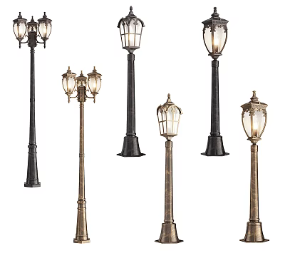 Outdoor Lamps With Various Vintage Designs And Decorative Metal Poles 3d model