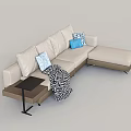 Light Colored L Shaped Sofa with Decorative Pillows and Black Square Coffee Table Set 3d model