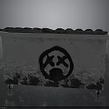 Industrial Worn Metal Container With Black Graffiti Symbol And Textured Exterior