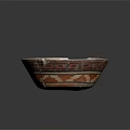 Ancient Handcrafted Sculpture Carving Bowl with Red Brown Stripes and Repaired Cracks